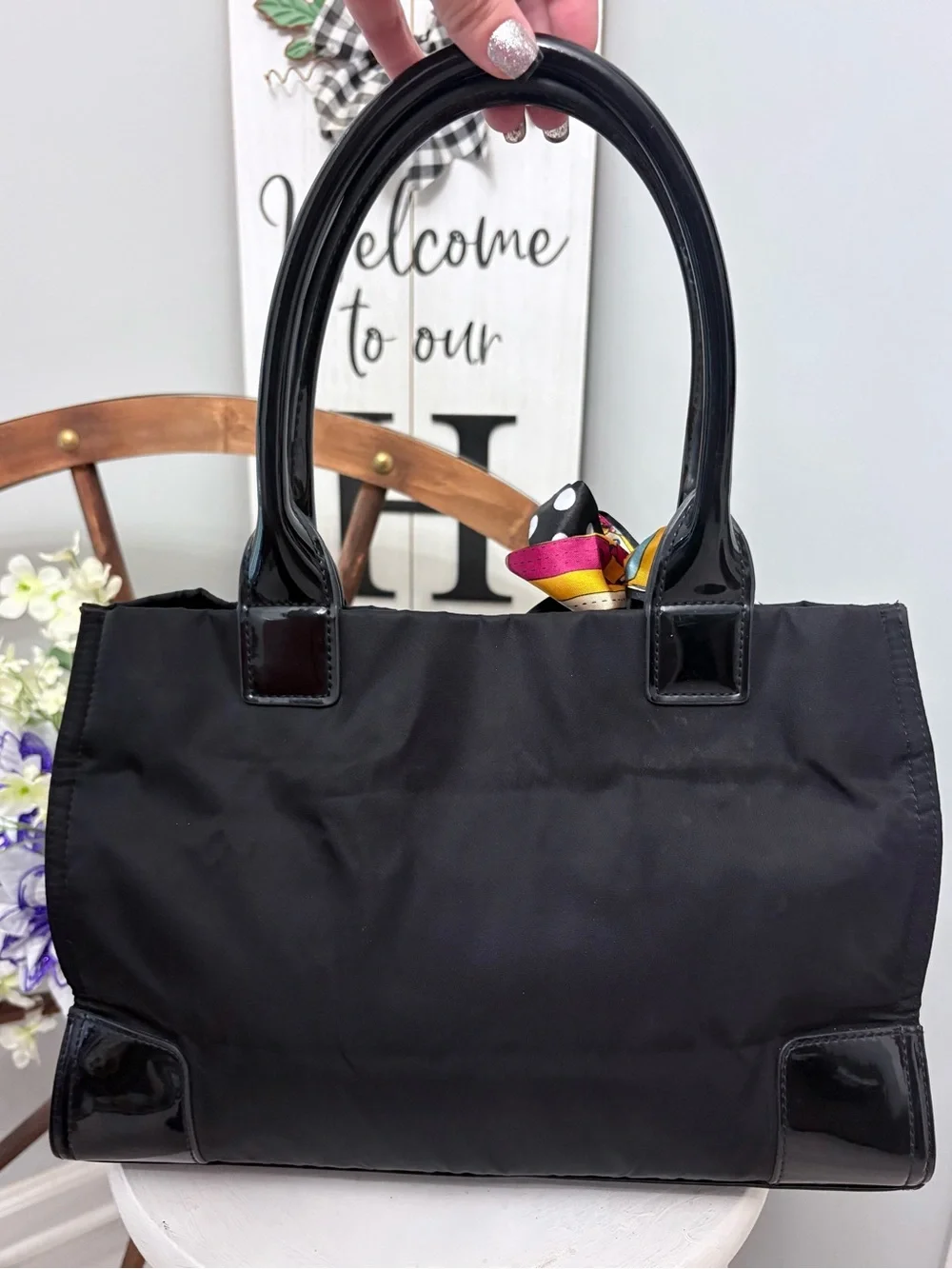 🖤 TORY BURCH Black Small Ella Nylon Tote with Patent Logo & tan interior